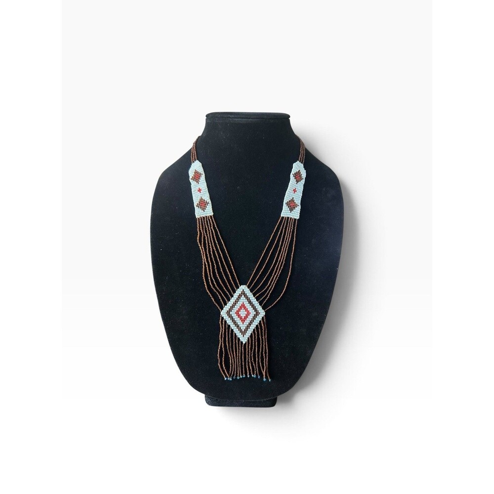 Vintage Native American Seed Bead Necklace Geometric Fringe Tribal Southwestern